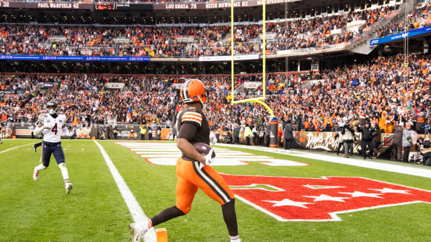 Dec 17, 2023; Cleveland, Ohio, USA; Cleveland Browns wide receiver Amari Cooper (2) runs the ball into the end zone for a touchdown against the Chicago Bears during the fourth quarter at Cleveland Browns Stadium.